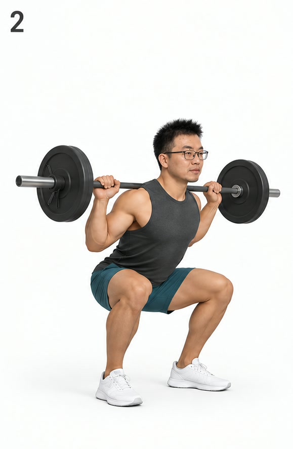 杠铃深蹲·步骤 2 下蹲：屈髋屈膝，脚跟保持着地（AI 生成示意，非实拍）