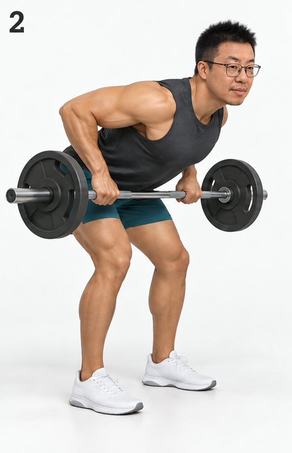 杠铃俯身划船·步骤 2 拉起:杠铃拉向下肋,肘部后移(AI 生成示意,非实拍)