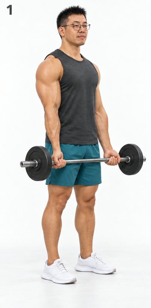 杠铃弯举·步骤 1 准备：掌心向前持杠，上臂靠体侧（AI 生成示意，非实拍）