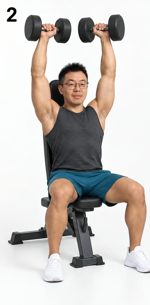 坐姿哑铃推举·步骤 2 推起:向上推举,双臂接近伸直(AI 生成示意,非实拍)