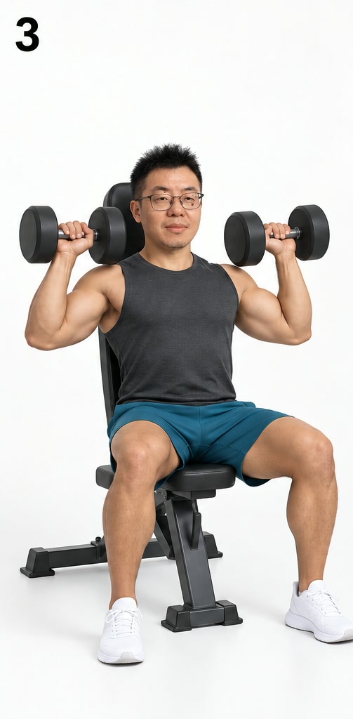 坐姿哑铃推举·步骤 3 回位:缓慢下放至起始位置(AI 生成示意,非实拍)